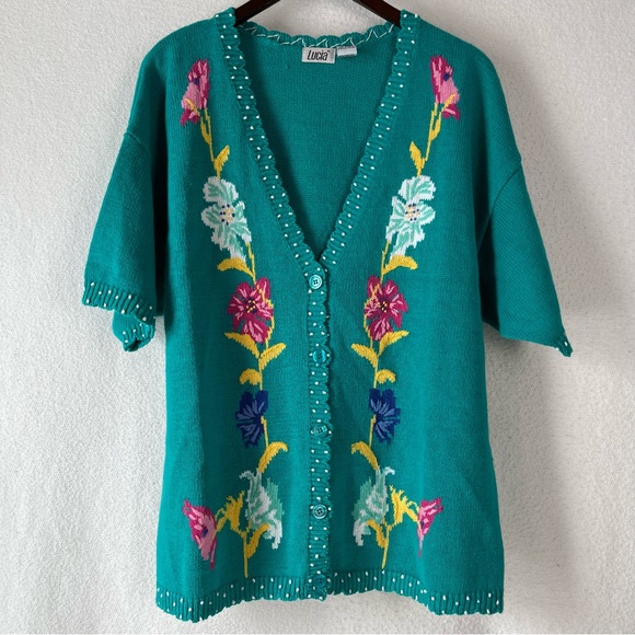 Vintage Sweater XL Lucia Cardigan Teal Green Knit Embroidered Floral Scalloped - Picture 1 of 16